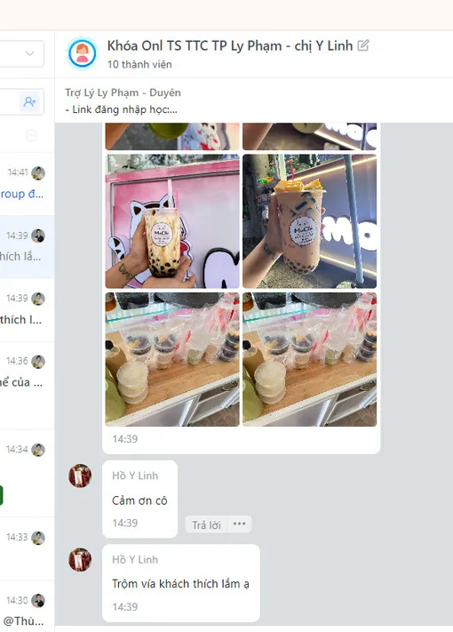 Phản hồi của học viên trong nhóm học kèm ảnh ly nước và xe bán hàng