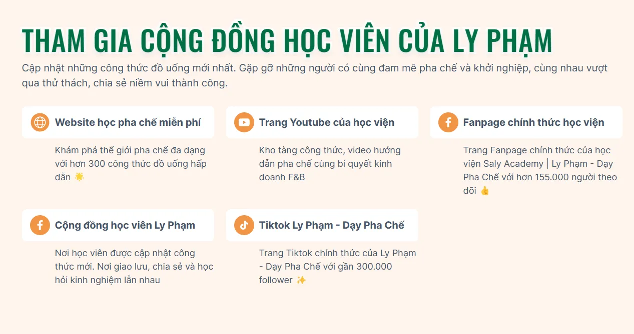 Các kênh tham gia cộng đồng học viên Ly Phạm: website, YouTube, fanpage, cộng đồng học viên, TikTok