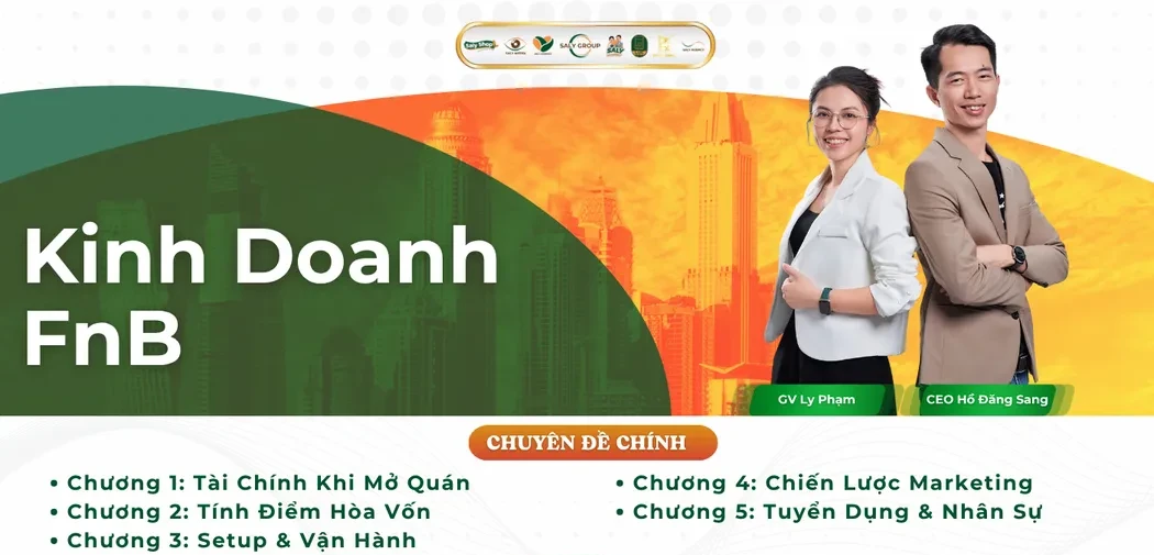 Sơ đồ 5 chương học Kinh doanh F&B: tài chính khi mở quán, tính điểm hòa vốn, setup vận hành, chiến lược marketing, tuyển dụng và nhân sự