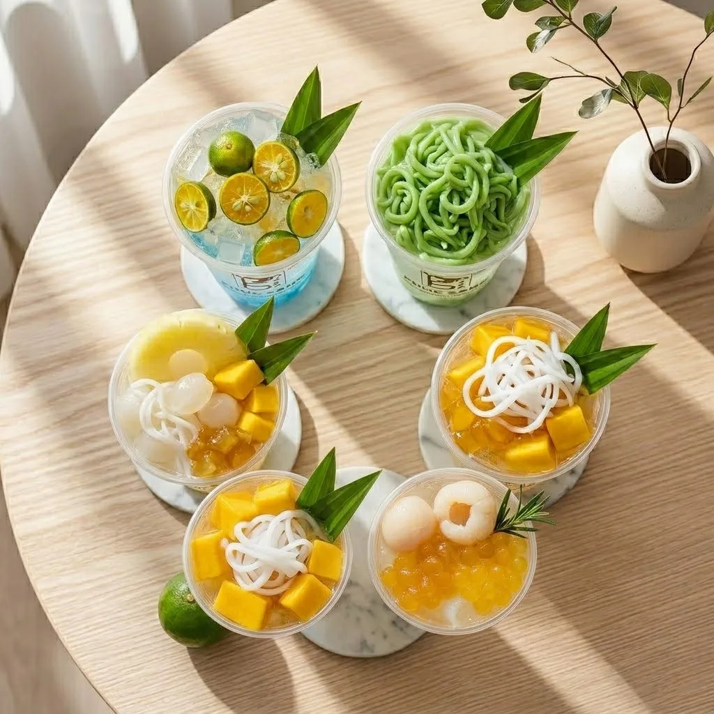 Các ly nước dừa mix trái cây nhìn từ trên xuống
