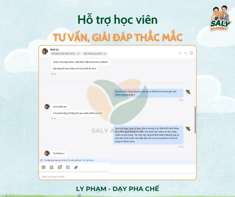 Màn hình chat hỗ trợ học viên giải đáp thắc mắc 1-1 qua Zalo
